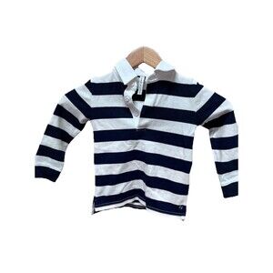 Janie & Jack Navy & White Striped Rugby Shirt Boy's Sz 3 Cotton V Neck Buttoned